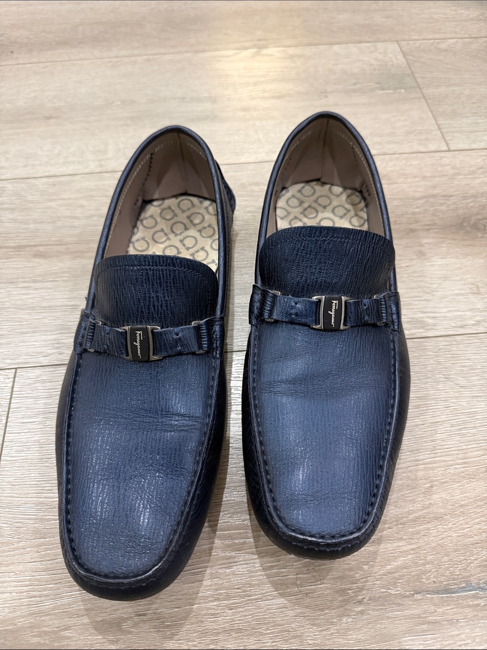 Salvatore Ferragamo Navy Textured Leather Bit Loafers